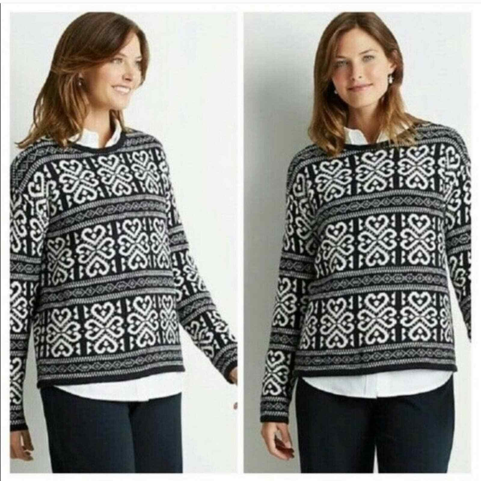 J.Jill Fair Isle Heart Wool Blend Sweater Crew Neck Black White Women Petite L