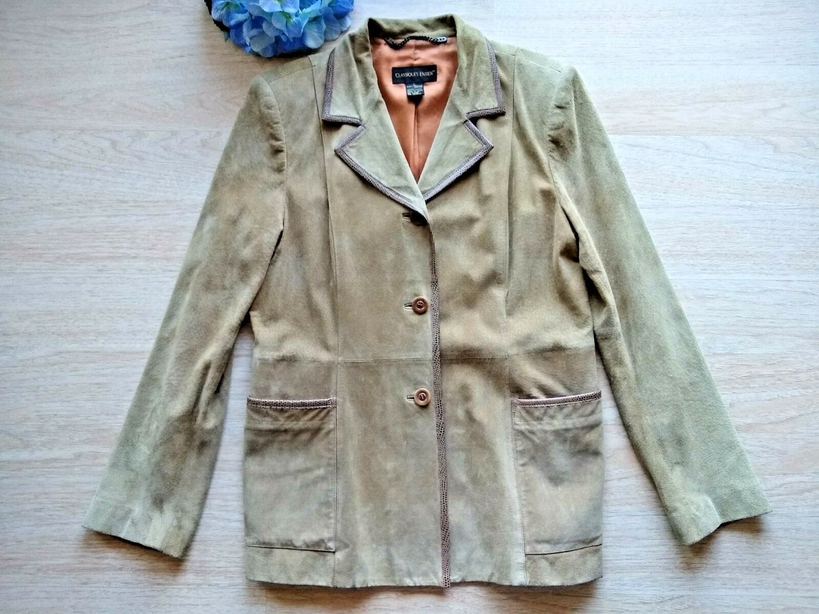CLASSIQUES ENTIER Genuine Suede Leather Jacket Button Lined Khaki Sz.L