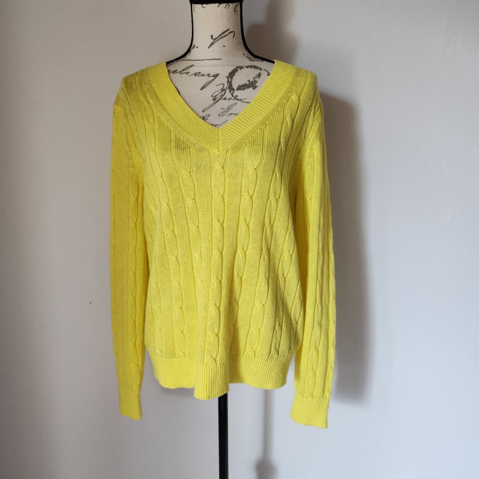 Brooks Brothers Italian Linen Cable Knit Jumper Sweater V-Neck Yellow Women's L