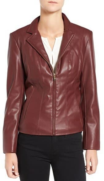COLE HAAN Signature Women Faux Leather Jacket Zip Lined Button Pocket Red Sz.L
