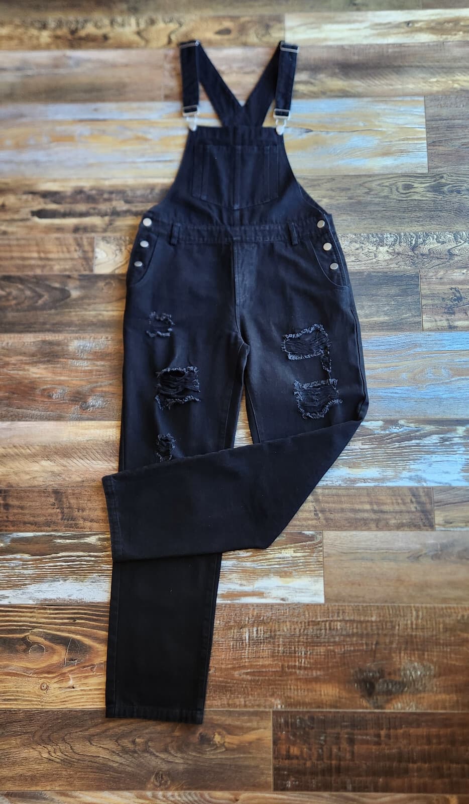12th Tribe Runaway Girl Distressed Denim Overalls Black Cotton Blend Women's M