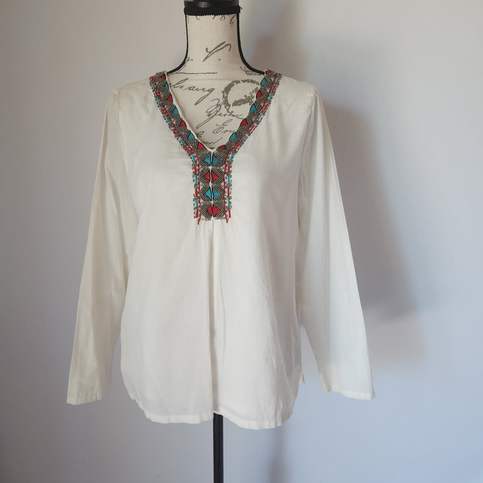 J.Peterman Bead Embellish Tunic Popover Top Long Sleeve Lined Cotton White Sz.XS