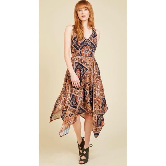 ModCloth Evening In Athens Hanky Hem Midi Dress Sleeveless Multicolor Women's S