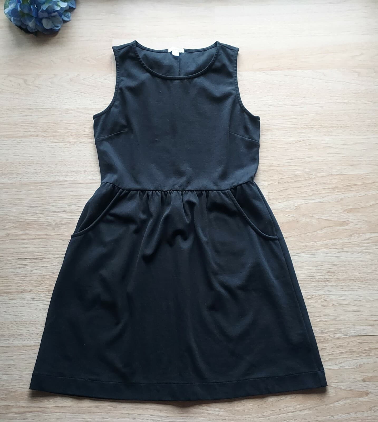 Garnet Hill Everyday Ponte Knit Peplum Dress Sleeveless Pocket Black Cotton 14
