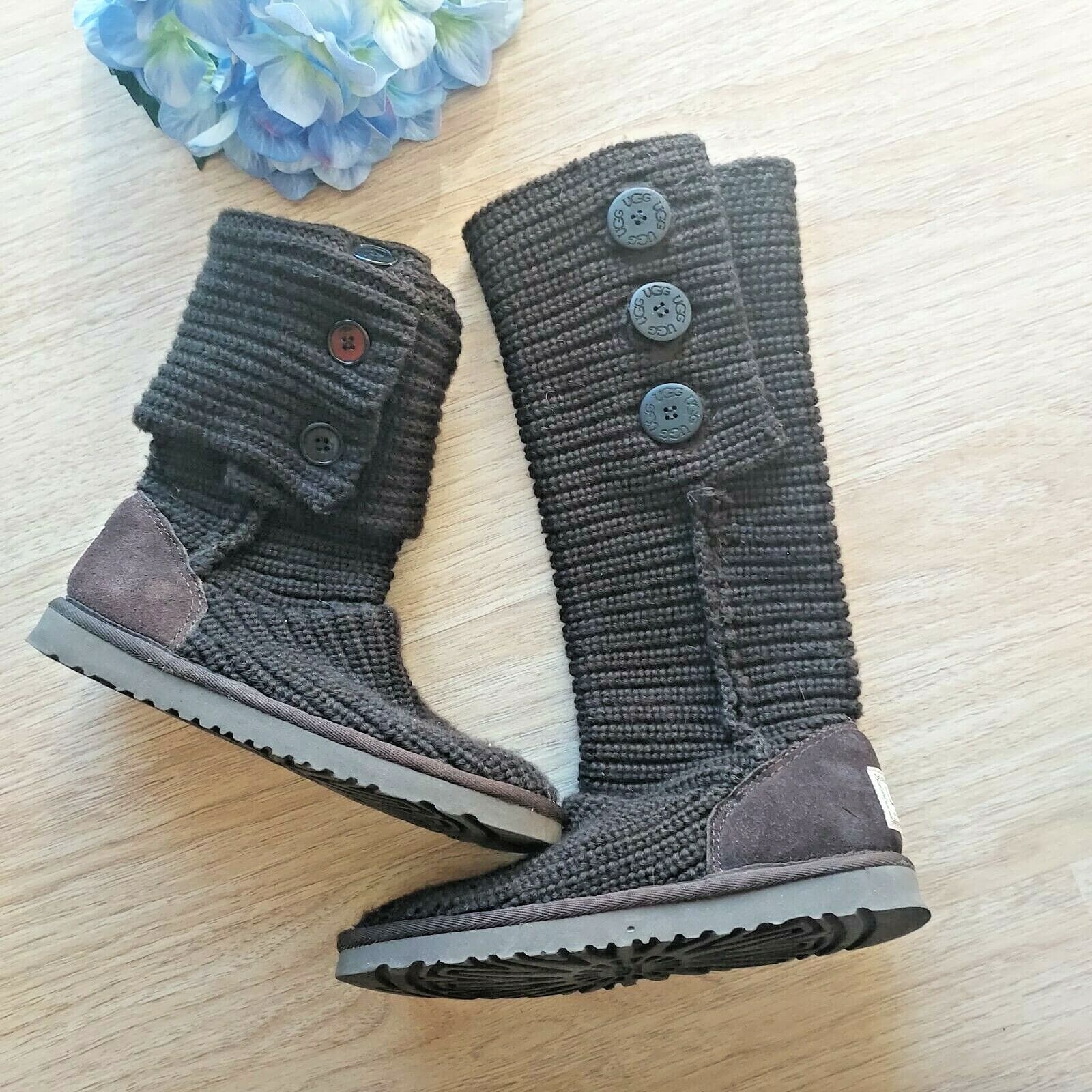 UGG Australia Classic Cardy Knit Tall Boots Sheepskin Lining Brown Women US5