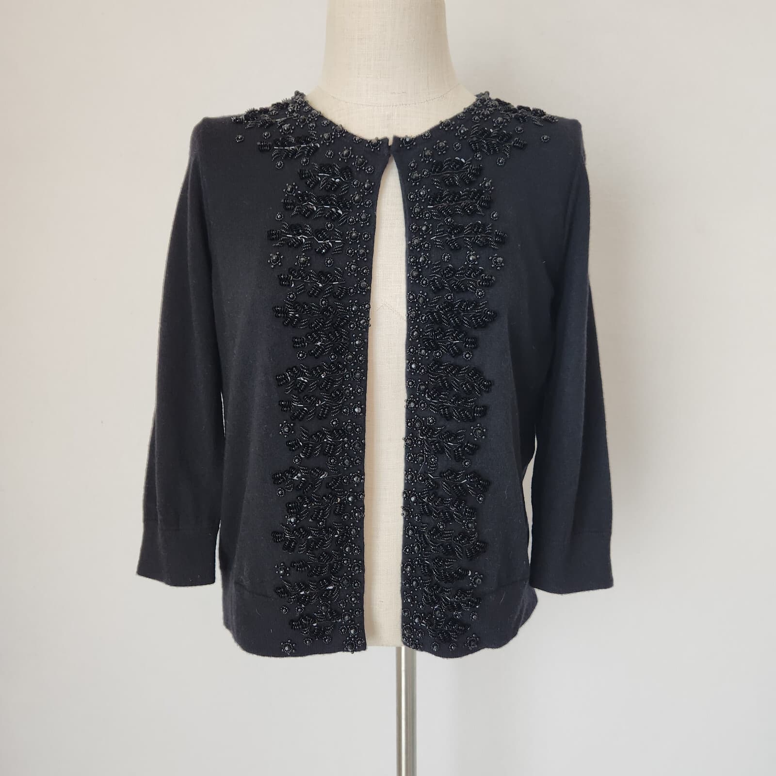 NWT Talbots $149 Wool Blend Nightout Beaded Cardigan 3/4 Sleeve Black Petites-M