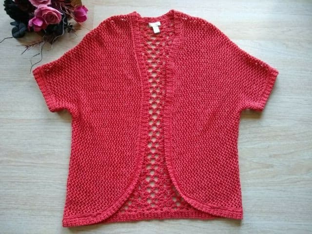 Chico's Cotton Blend Chunky Knit Open Front Cardigan Top Short Sleeve Red Sz.2