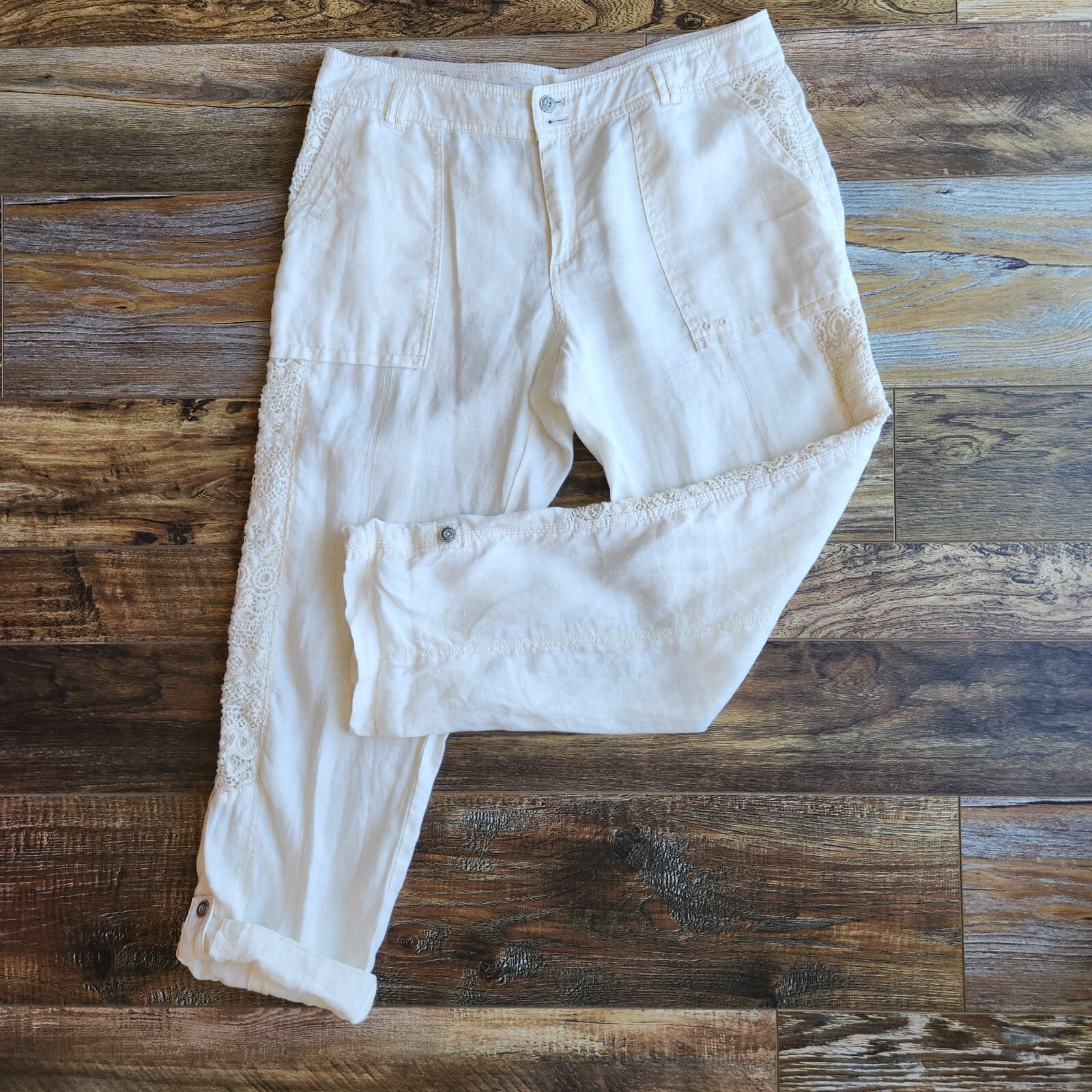 Hei Hei Anthropologie Marlena Linen Lace-Trim Pants Roll-Up Pocket Ivory Sz.30