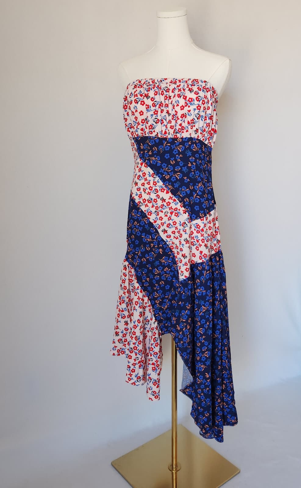 NWT Lulus Golden Hour Blush Floral Print Strapless Midi Dress Asymmetrical Hem M