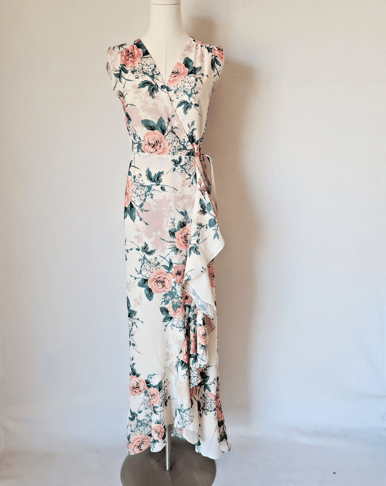 YUMI KIM Venezia Floral Chiffon Maxi Wrap Dress Ruffle Sleeveless Lined Beige S