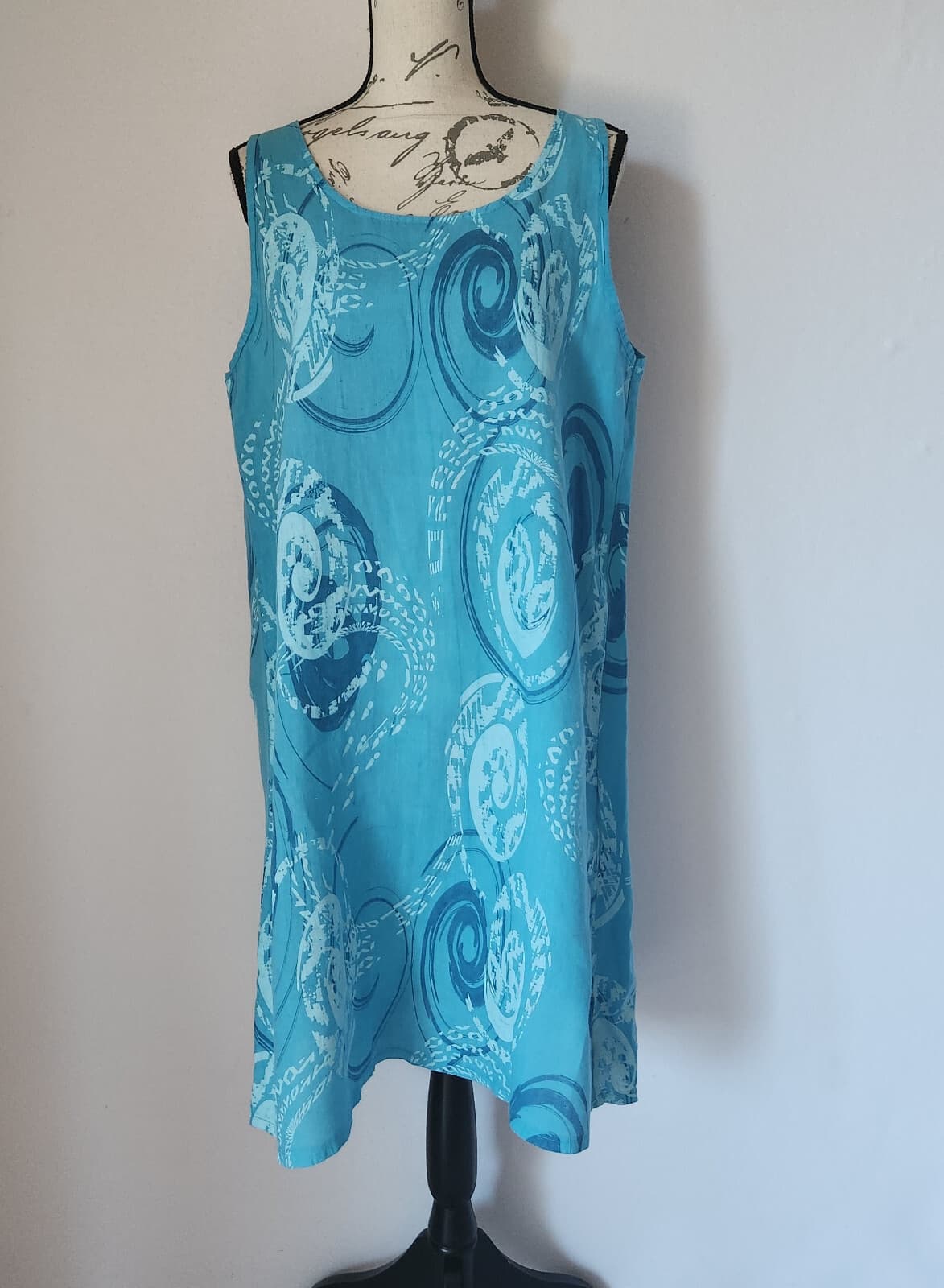 NWOT VASNA Made in Italy Linen Lagenlook Shift Dress Sleeveless Geo-Printed Sz.M