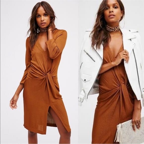 Free People Irene Twist Ribbed Knit Dress V-Neck 3/4 Sleeve Brown Women Sz.S