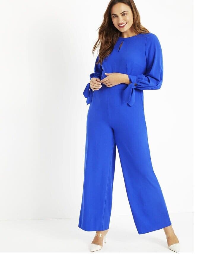 ELOQUII Royal Blue Jumpsuit Back Key-Hole Tie-Long Sleeve Wile Leg Pocket Sz.18