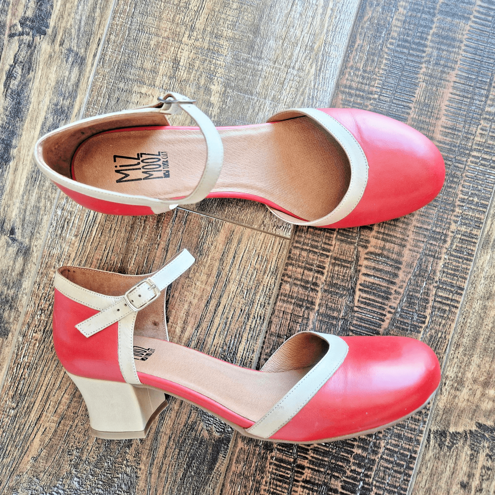 NWoB Miz Mooz Fleet Red Beige Leather Pumps 2" Block Heel Ankle Buckle US11/EU42