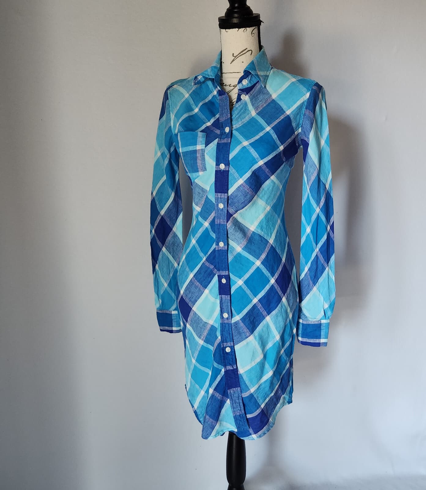 MODA International 100% Linen Plaid Midi Shirt Dress Long Sleeve Blue Women Sz.O