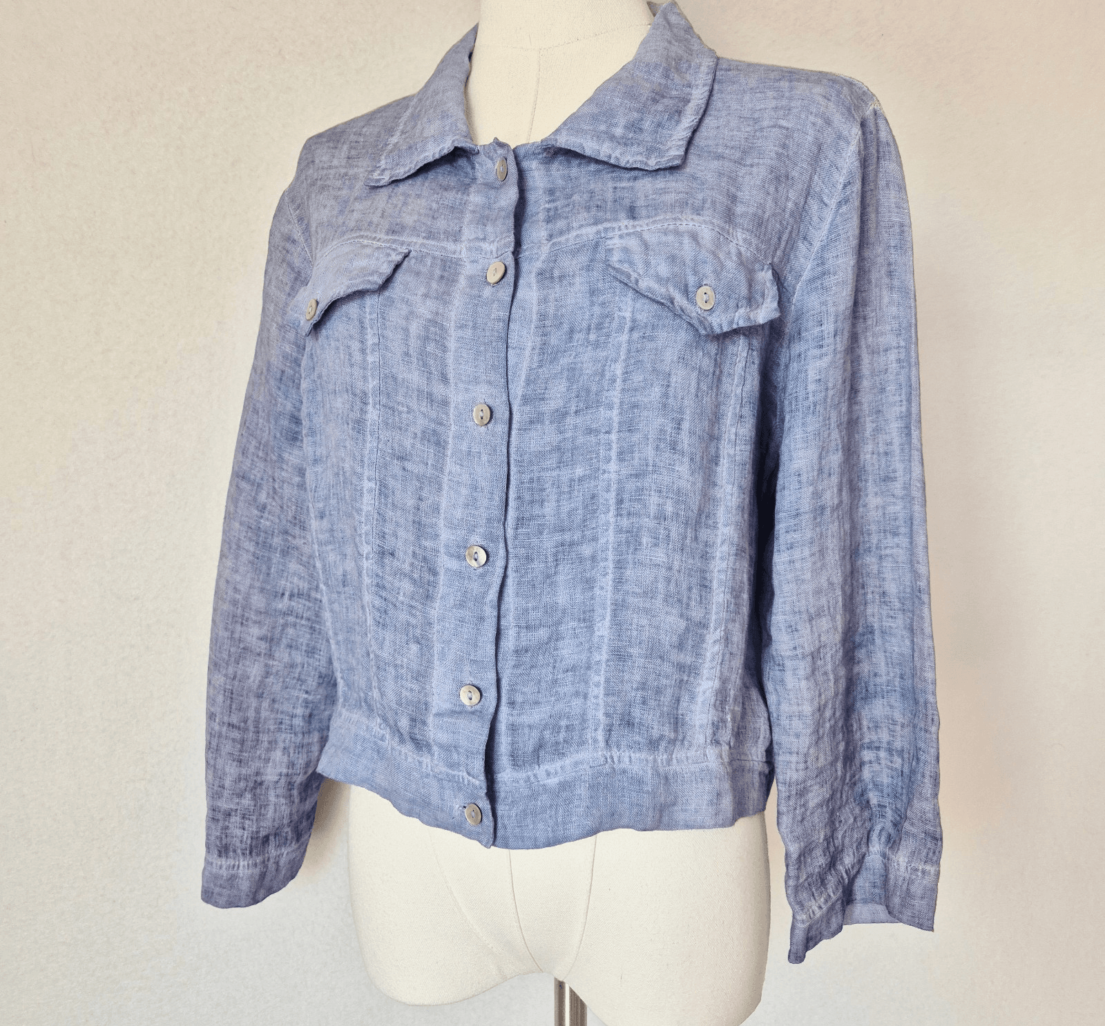 Made in Italy Linen Cotton Cropped Light Jacket 3/4 Sleeve Button Blue Bust 42"