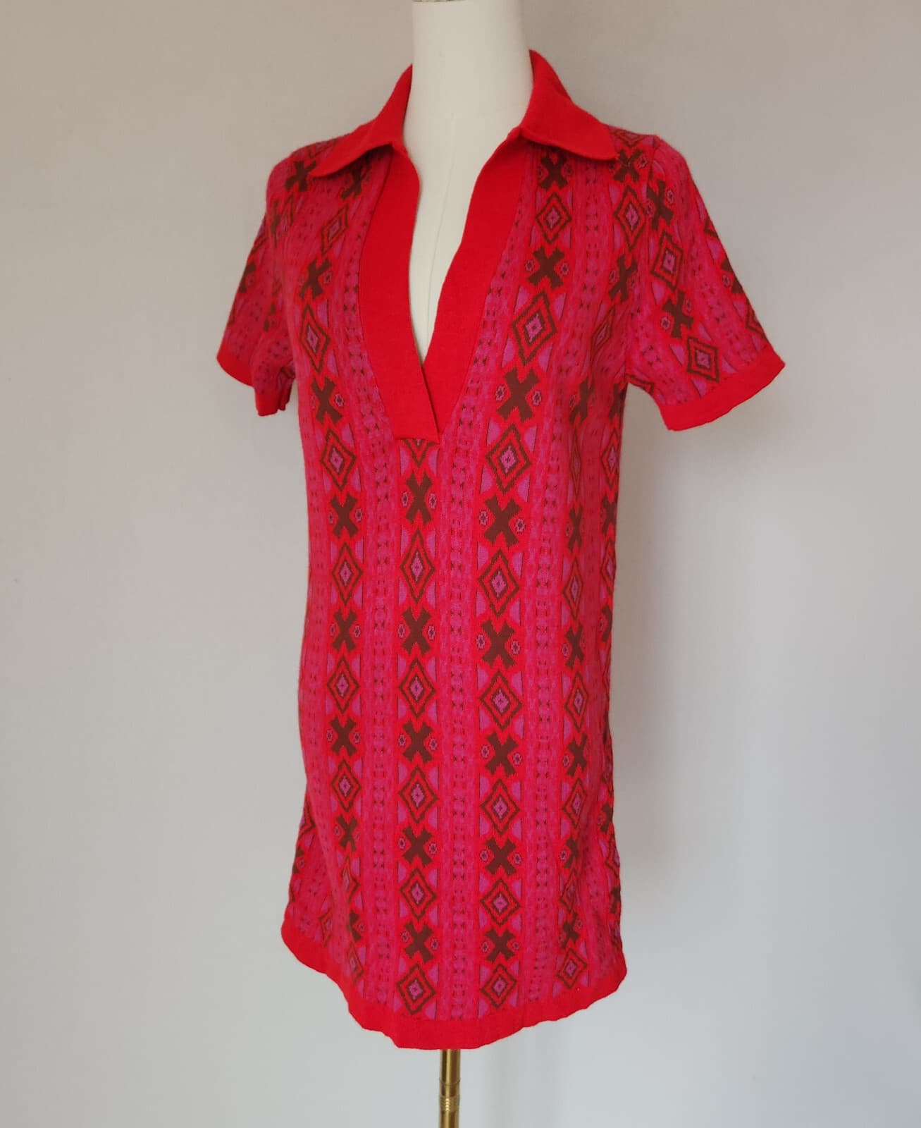 Free People Kitt Mini Sweater Dress Collar Short Sleeve Wool Blend Red Womens XS