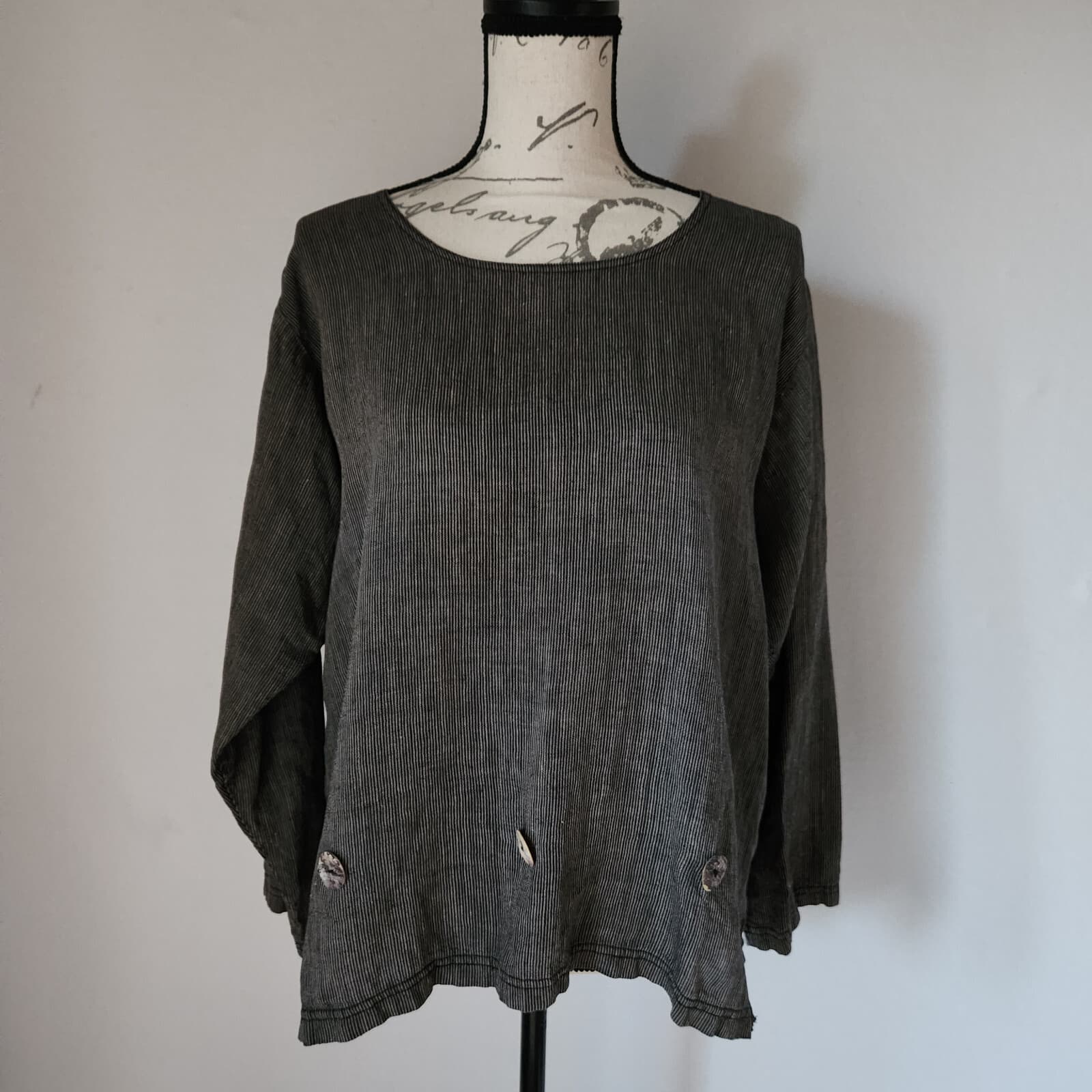 What's Up Lagenlook Linen Pinstripe Top Button-Accent Long Sleeve Black Women S
