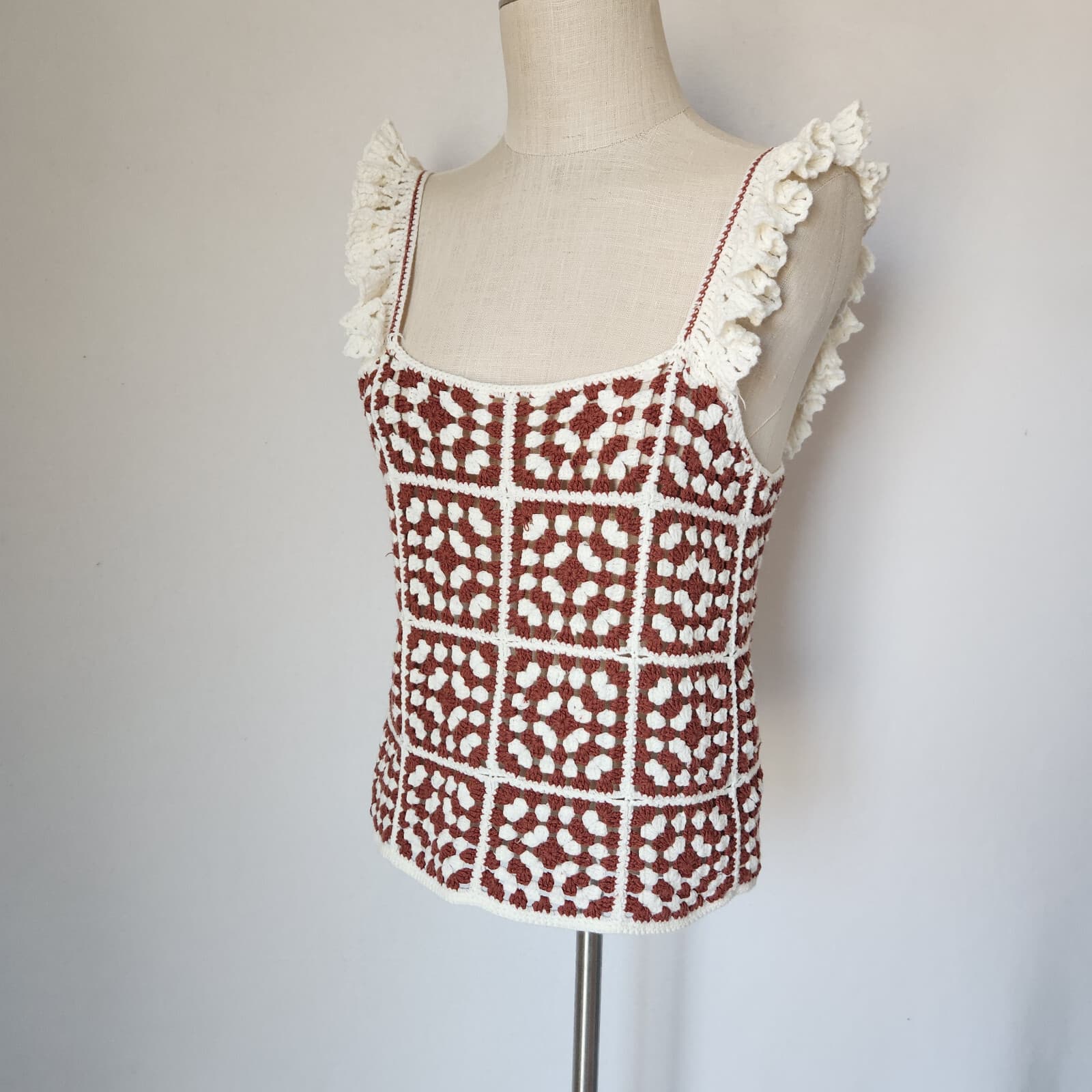 Marine Layer $128 Cora Crochet Tank Top Square Neck Cotton Blend Brown White M