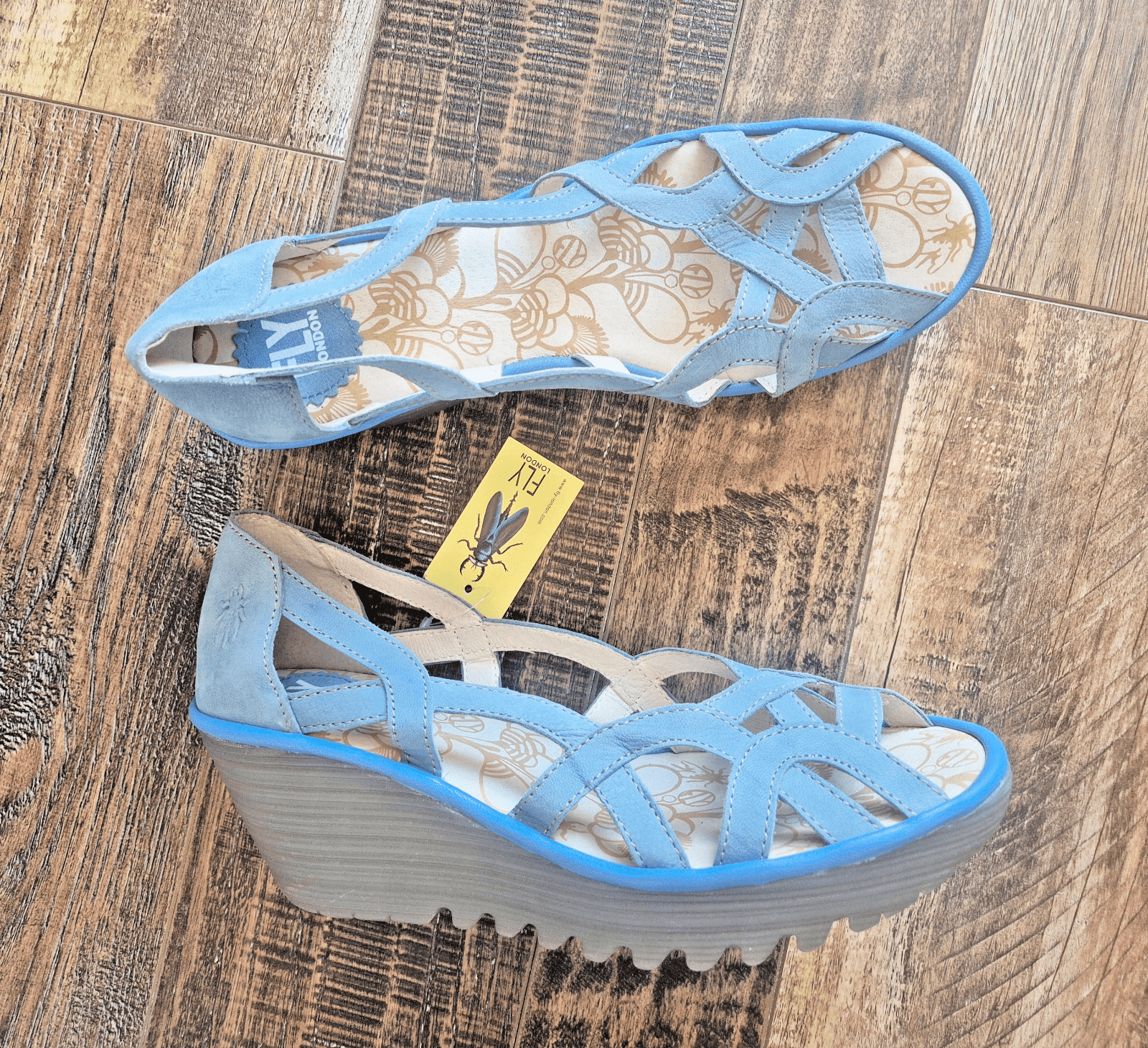 NWoB Fly London Yadi Blue Leather Peep-Toe Slip-On 2.5 Wedge Sandals EU42 US10.5