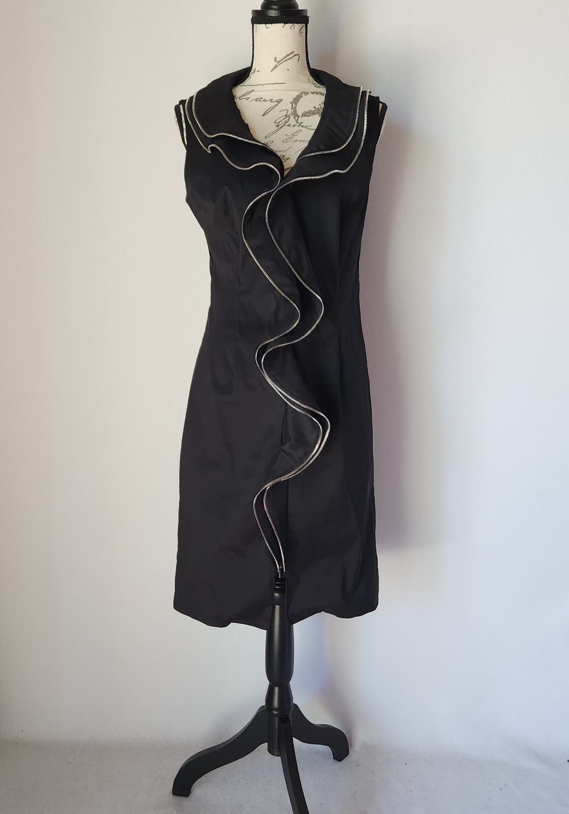 Samuel Dong Zipper Ruffle Midi Sheath Dress Sleeveless Stretch Black Women's M