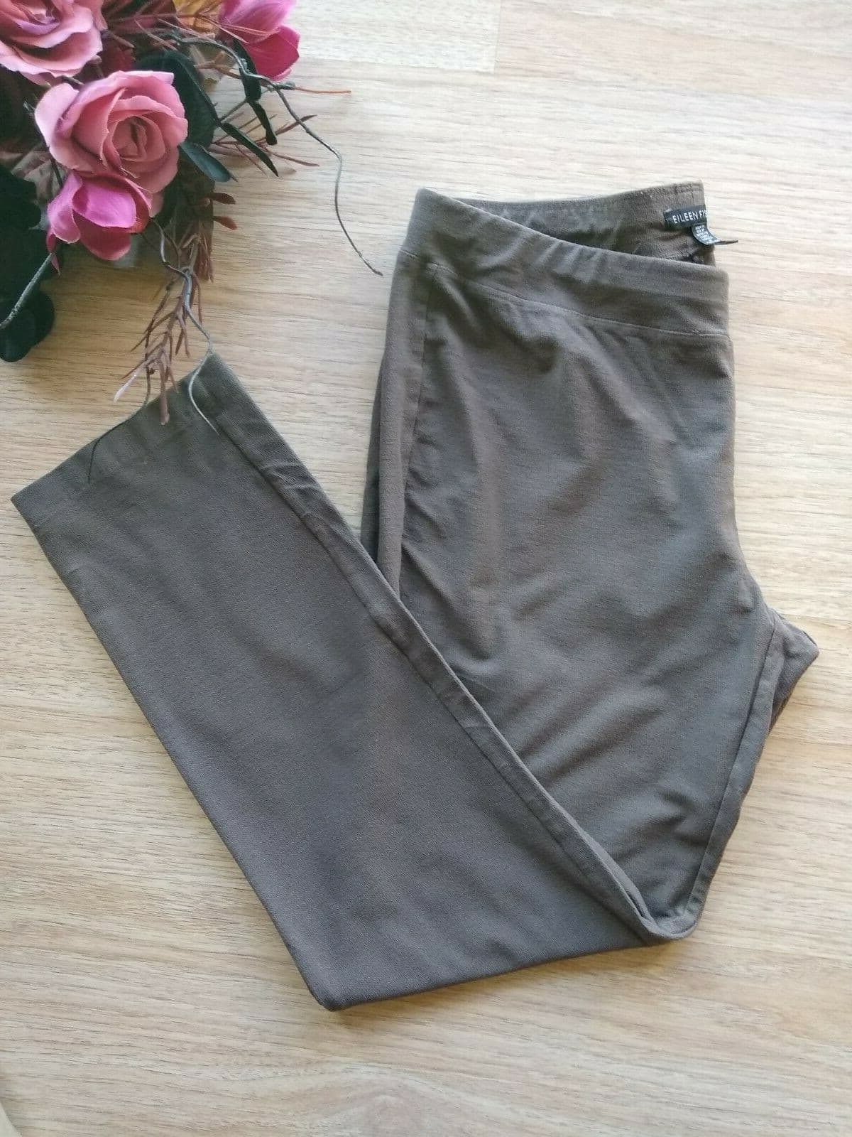 Eileen Fisher Viscose Blend Stretch Knit Crop Pants Pullon Elastic Waist Brown S