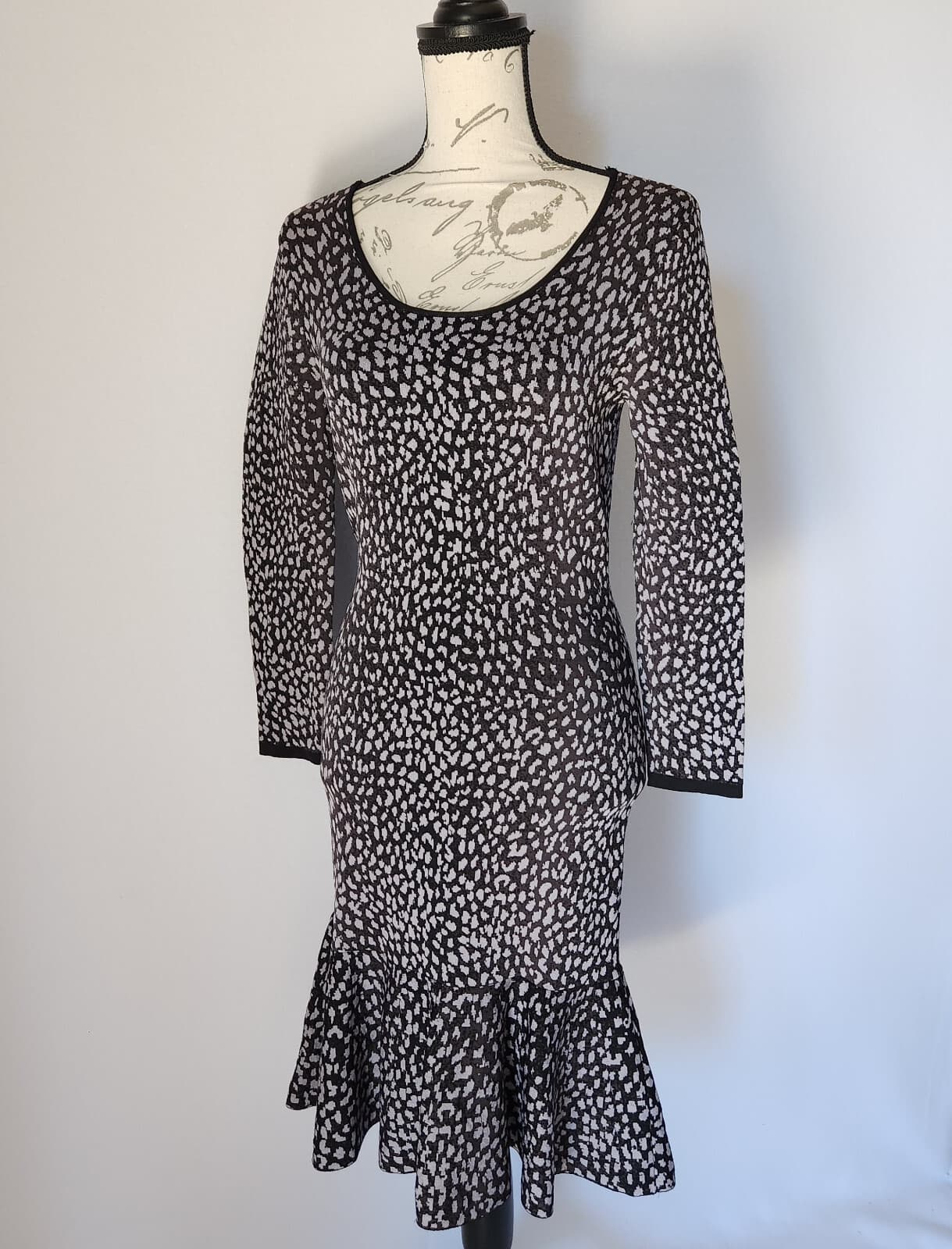 NWoT Rebecca Taylor Leopard Knit Dress Bodycon Long Sleeve Black Grey Sz.S