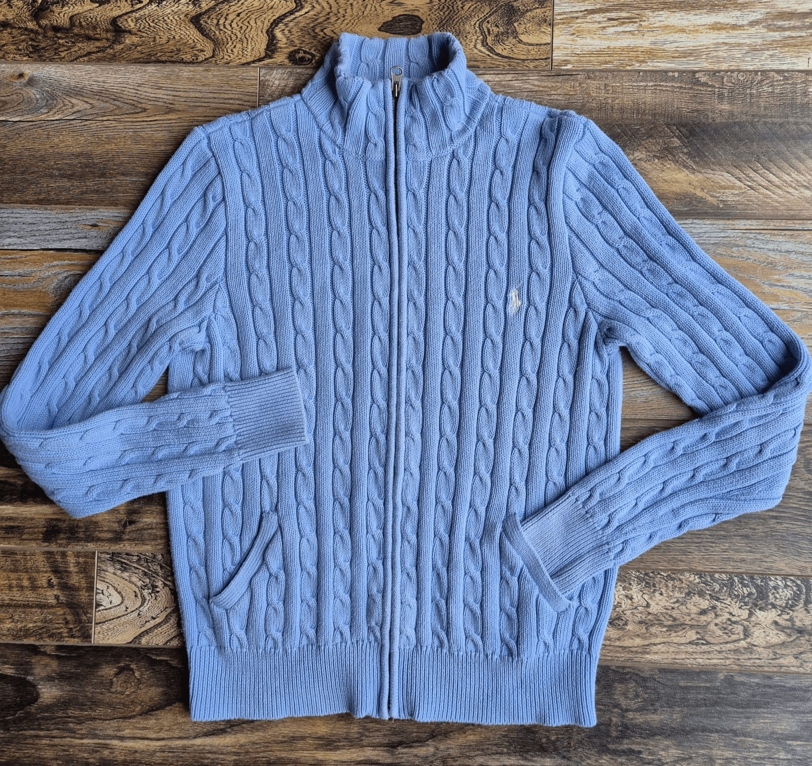 Vintage Y2K Ralph Lauren Sport Cotton Cable Knit Cardigan Pocket Blue Women's XL