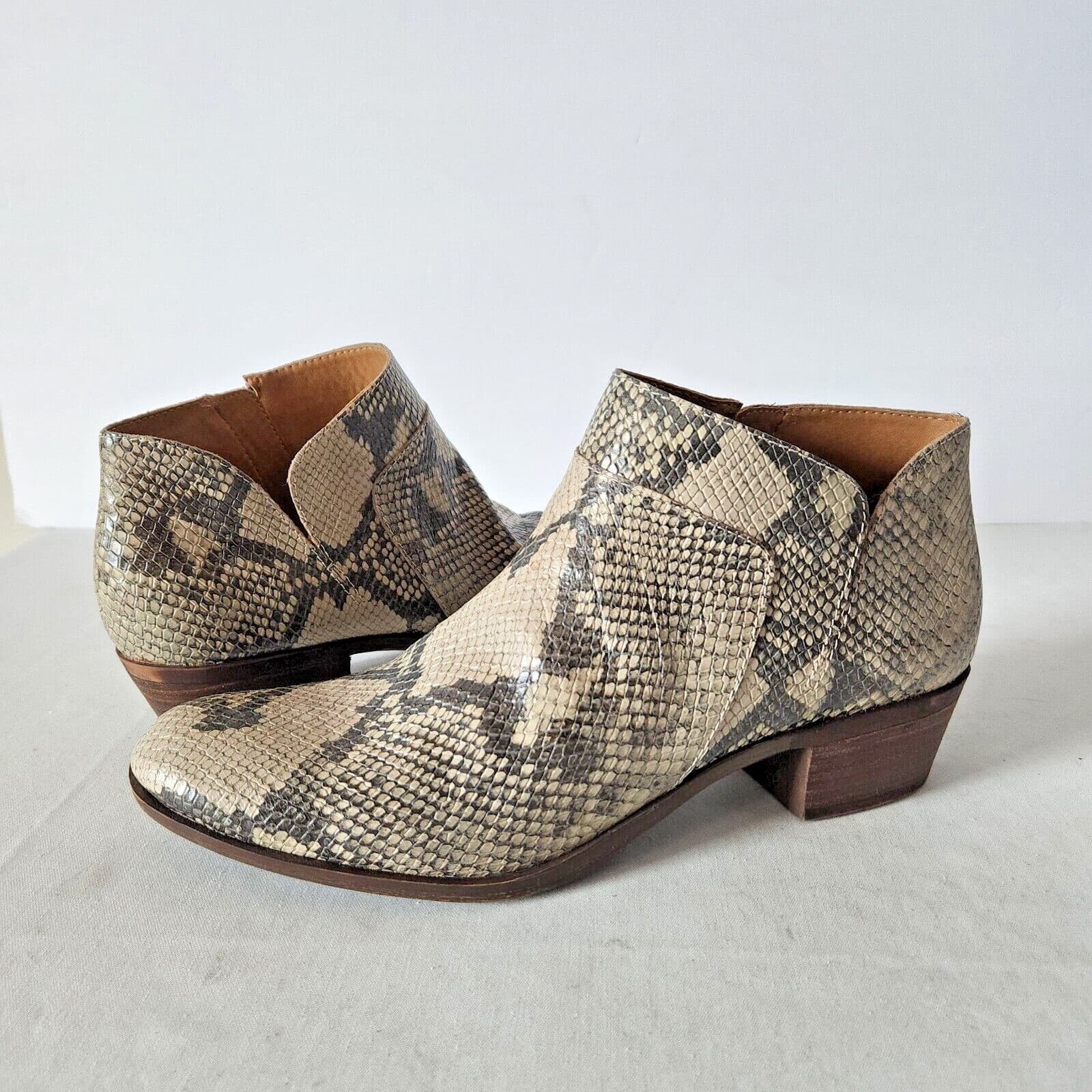 EUC Lucky Brand Brintly2 Snakeskin Leather Bootie Zipper Tan-Black Women US11M