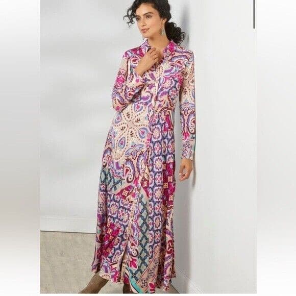 Soft Surroundings Palermo Soho Maxi Shirt Dress Long Sleeve Festoon Fuchsia XS