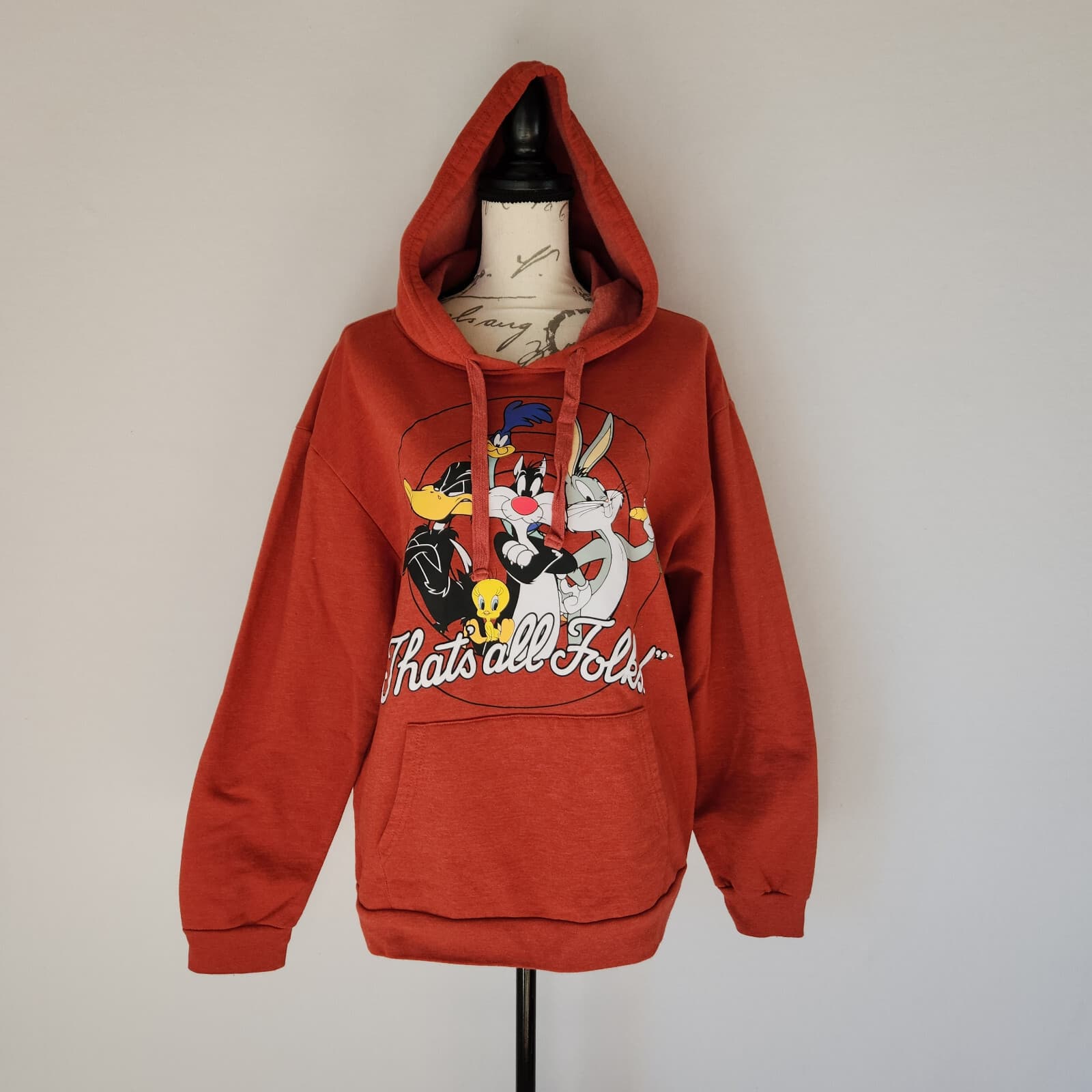 Looney Tunes That's All Folks Youth XXL(19) Hoodie Sweatshirt Pocket Orange-Red