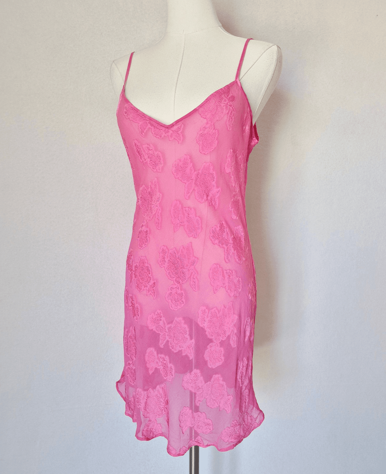 PajamaGram Silk Blend Pink Floral Textured Sheer Mini Chemise Slip Night Gown S