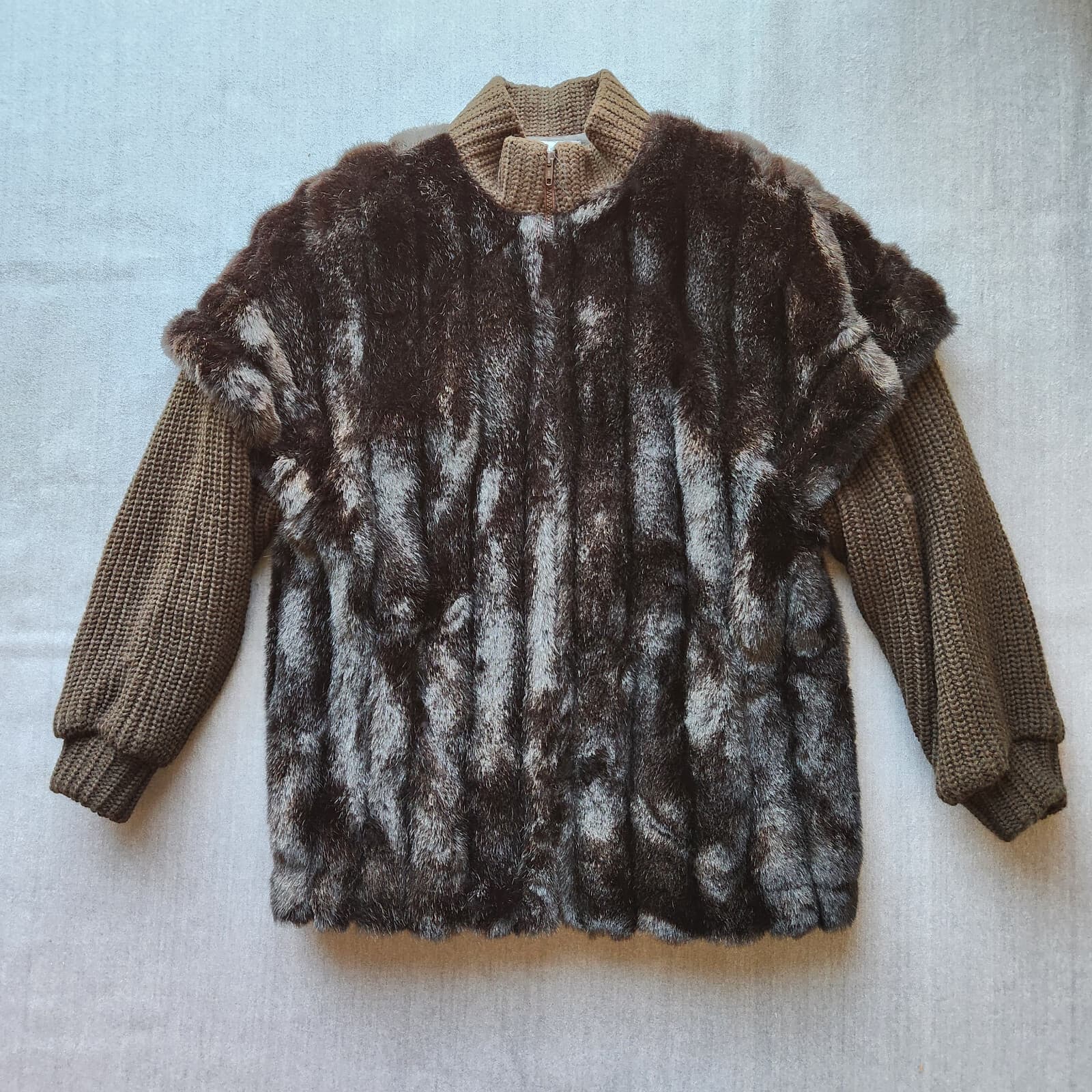Vintage Jordache Faux Fur Mink Ripped-Knit Jacket Zip-Up Pocket Brown Women 9/10
