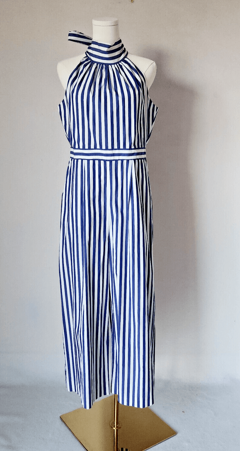 J.Crew Striped Tie-Halter Wide-Leg Jumpsuit Pocket Cotton Blue White Women's 8