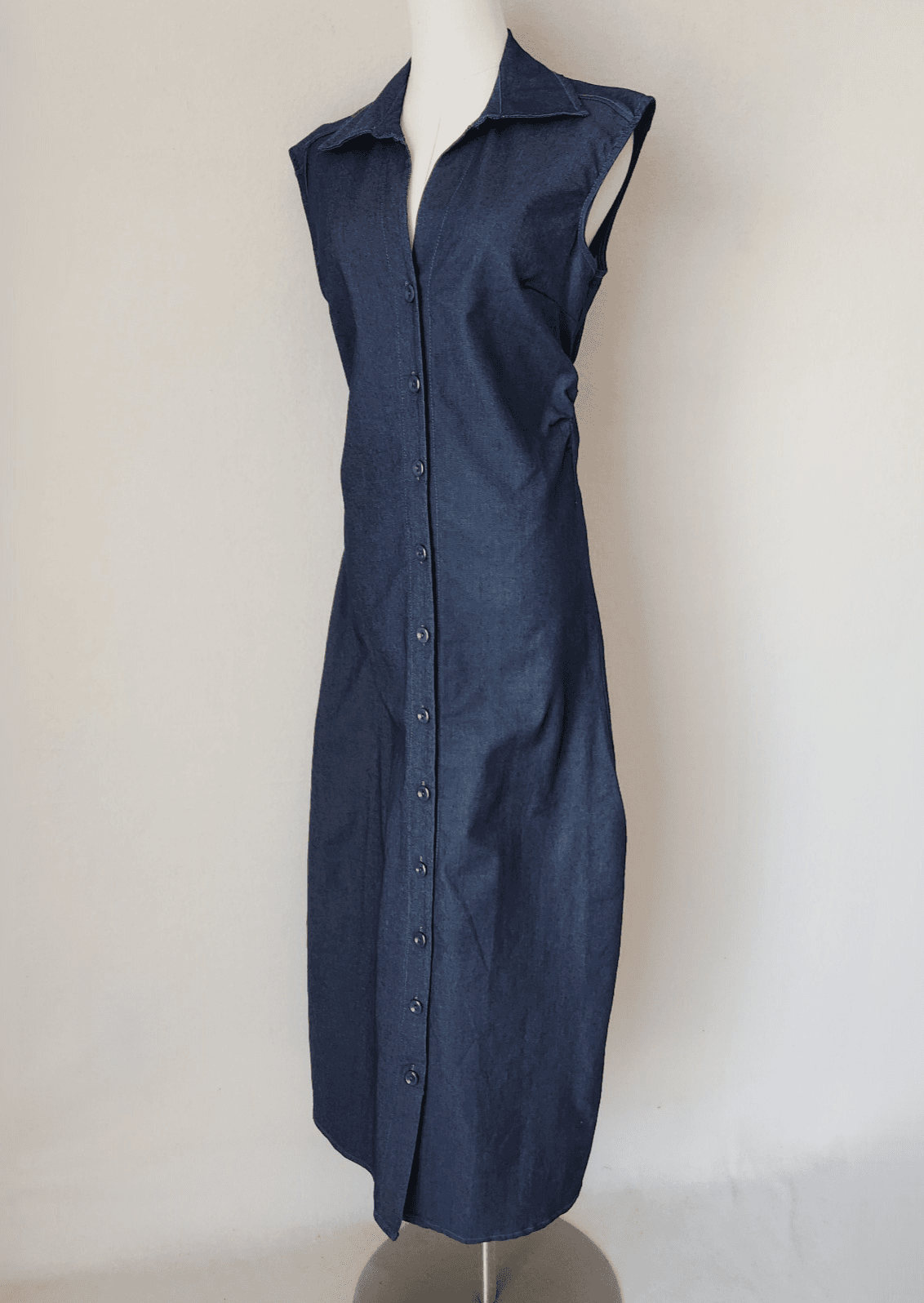 NWT La Piccola Creative Made in Italy Blue Denim Maxi Dress Ruch Sleeveless Sz.M