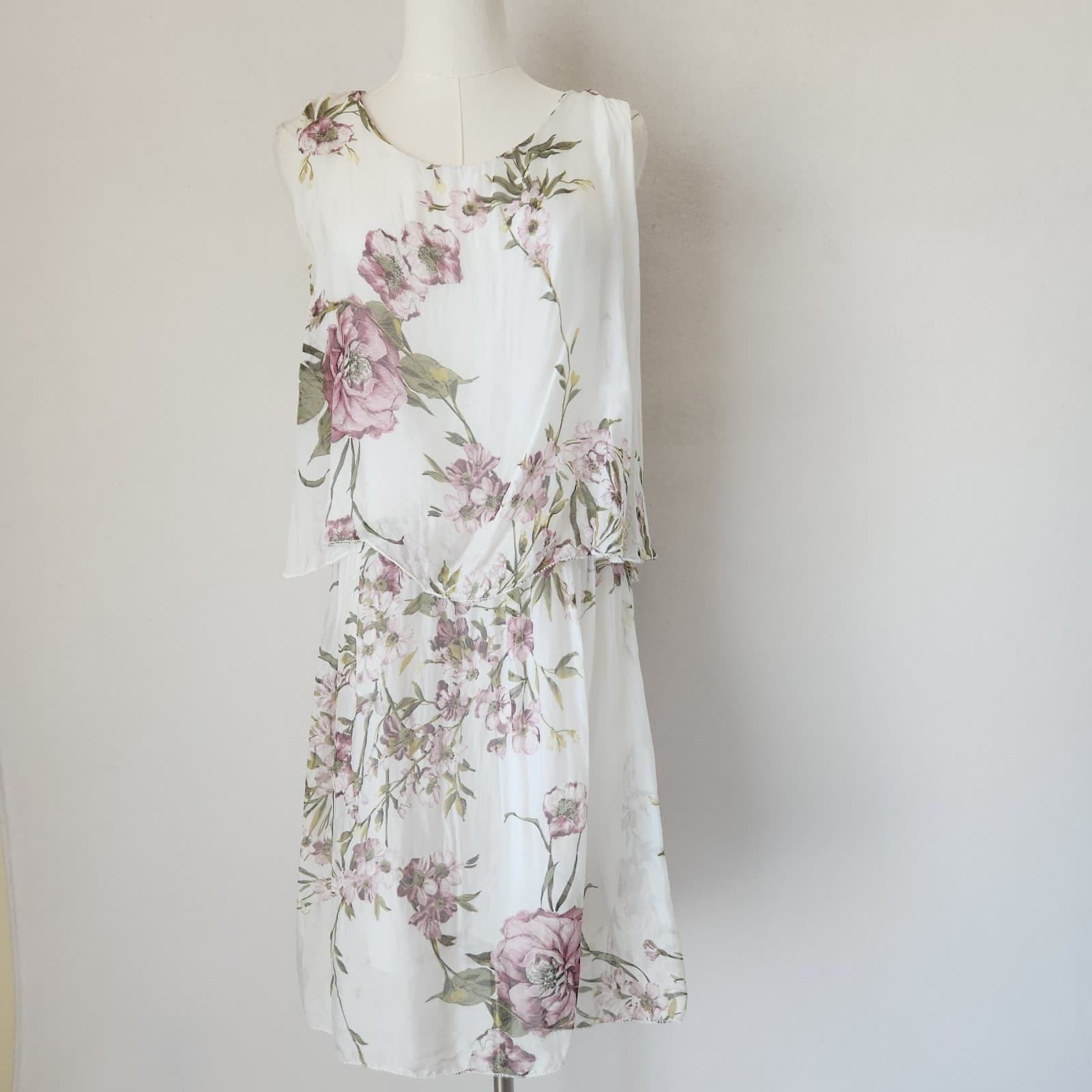 NWT Tempo Paris XL Floral Silk Blend Chiffon Layered Mini Dress Sleeveless White