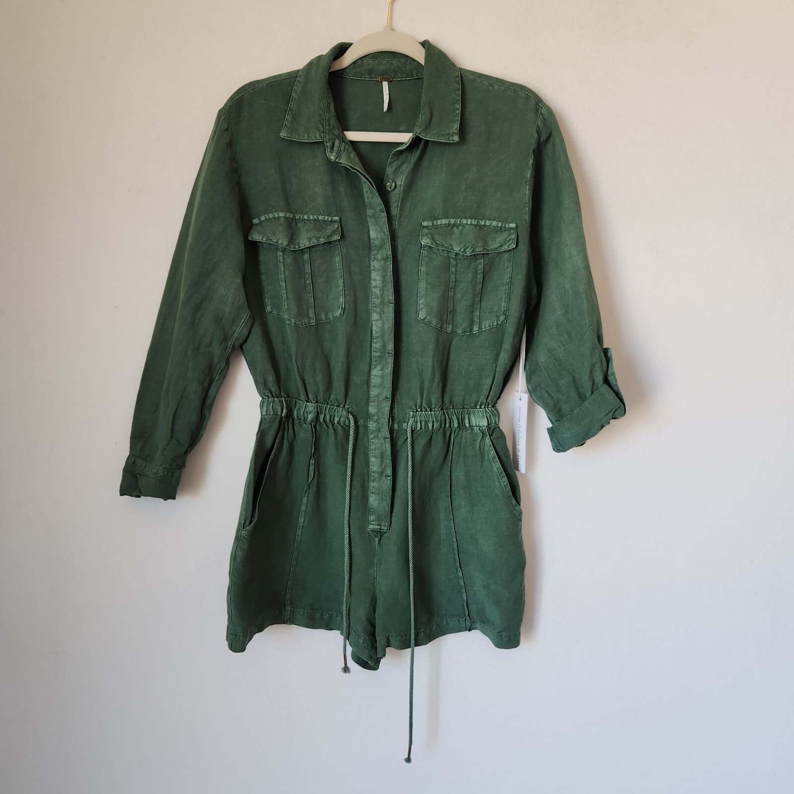 NWT YFB Young Fabulous & Broke Lake Side Romper Long Sleeve Linen Blend Green S
