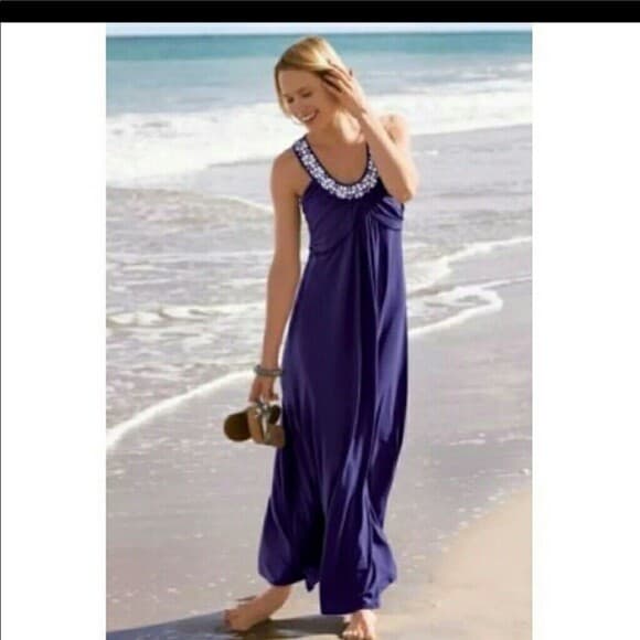Soft Surroundings NWT Maxi Knit Dress Sleeveless Beads Embellished Purple Sz.PL
