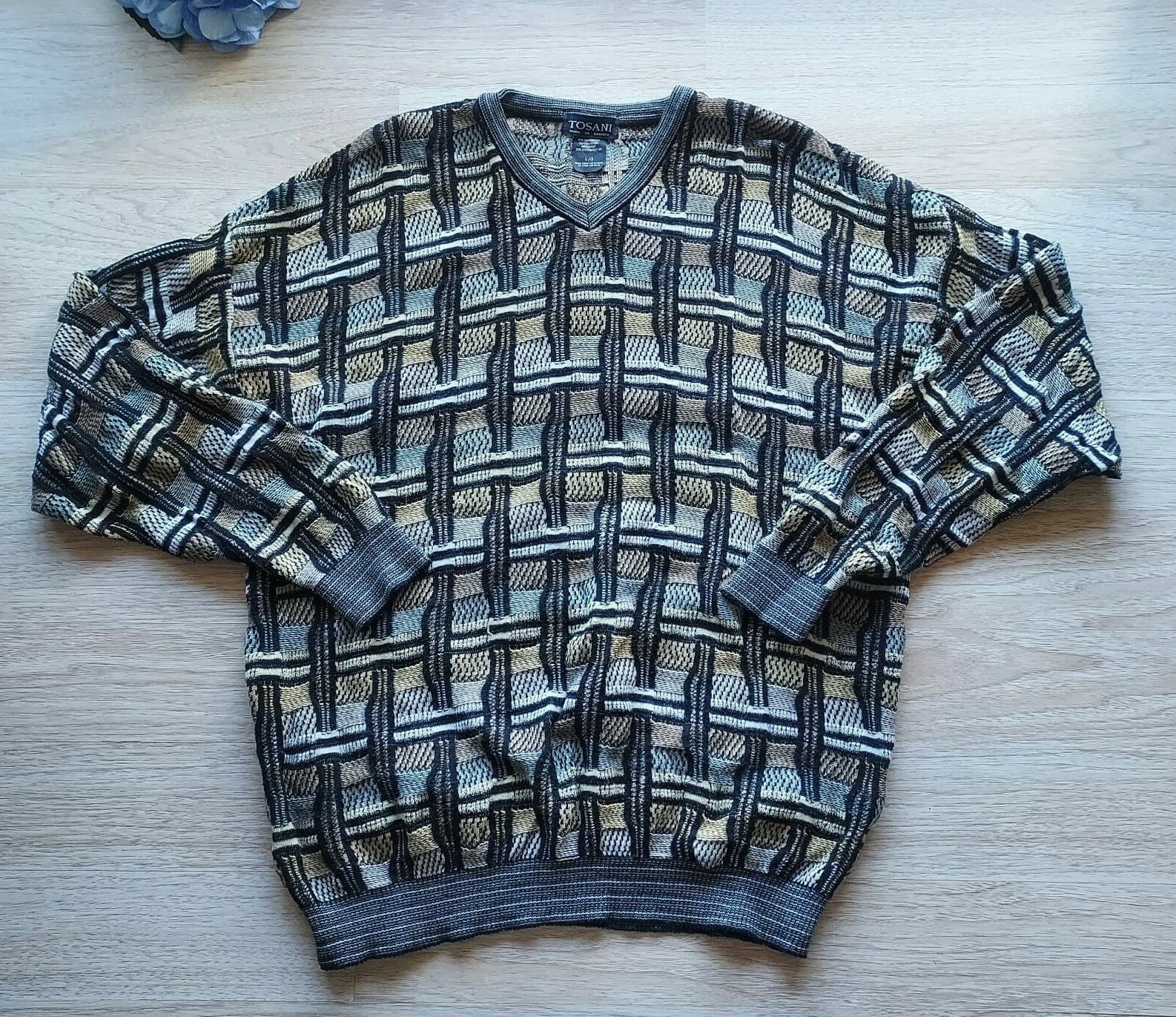 TOSANI Made in Canada Sweater V-Neck Coogi Style Cosby Multicolor Cotton Men L