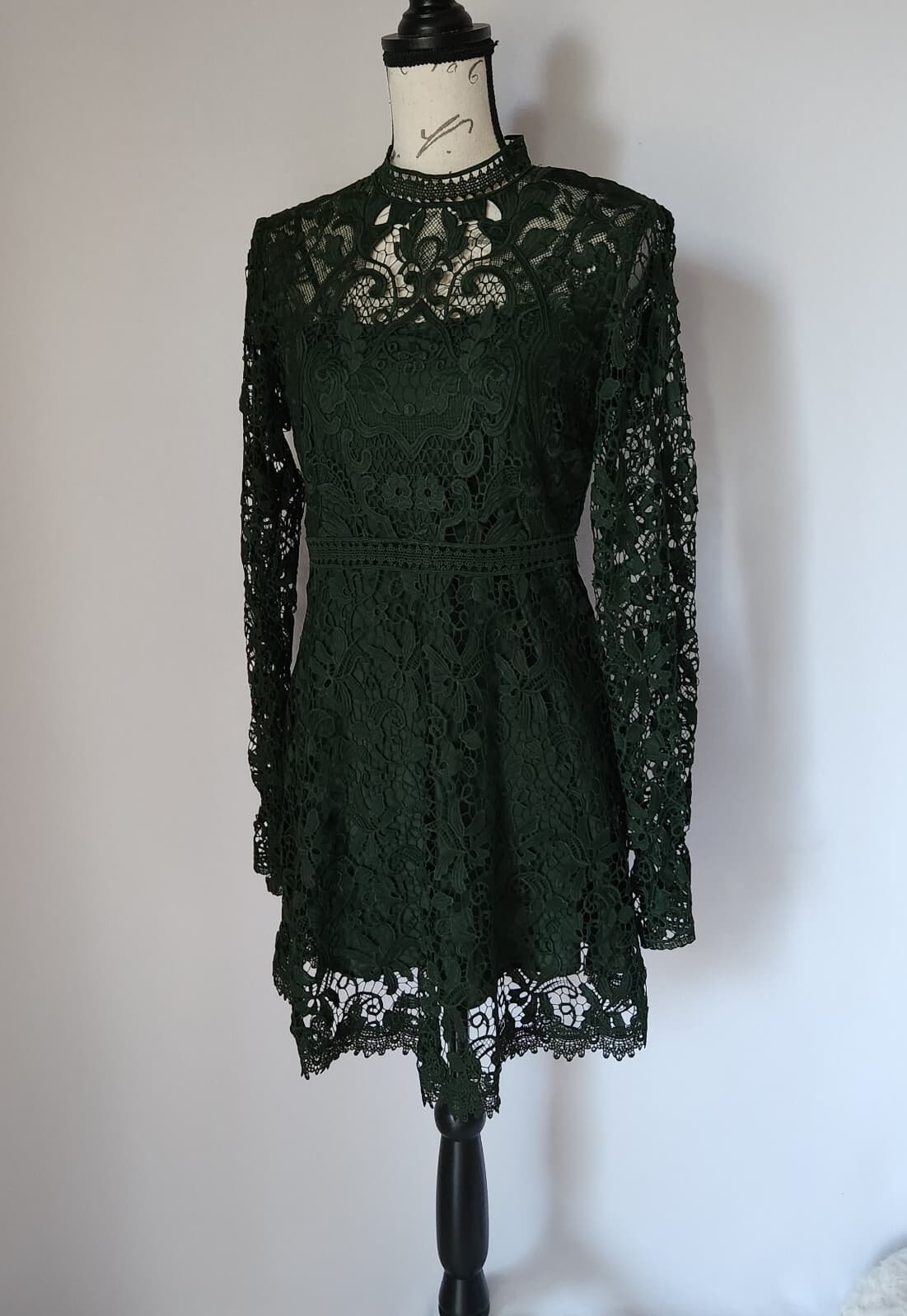Zara Women Guipure Lace Mini Dress Mock Neck Lined Long Sleeve Green Sz.M