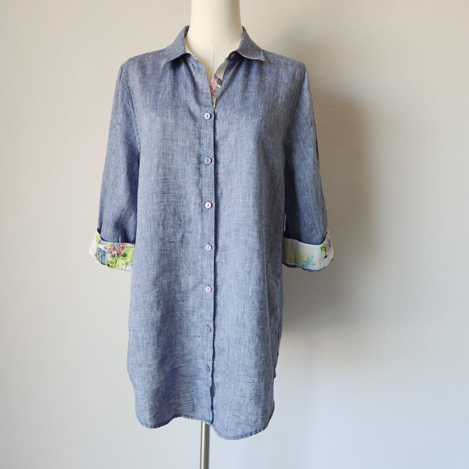 Chico's No Iron 100% Linen Button-Up Tunic Shirt 3/4 Sleeve Blue Size 1 (8/10)