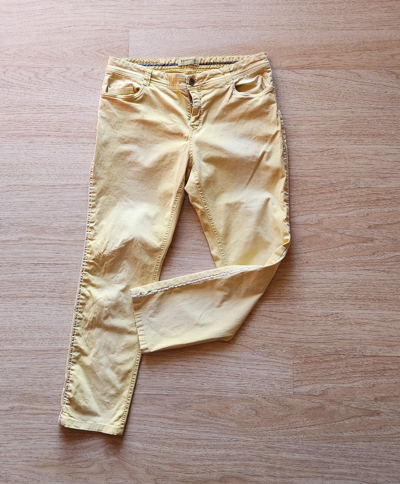 Summum Woman Ankle Slim Casual Pants Side-Stripe Zip Pocket Light Yellow Sz.40