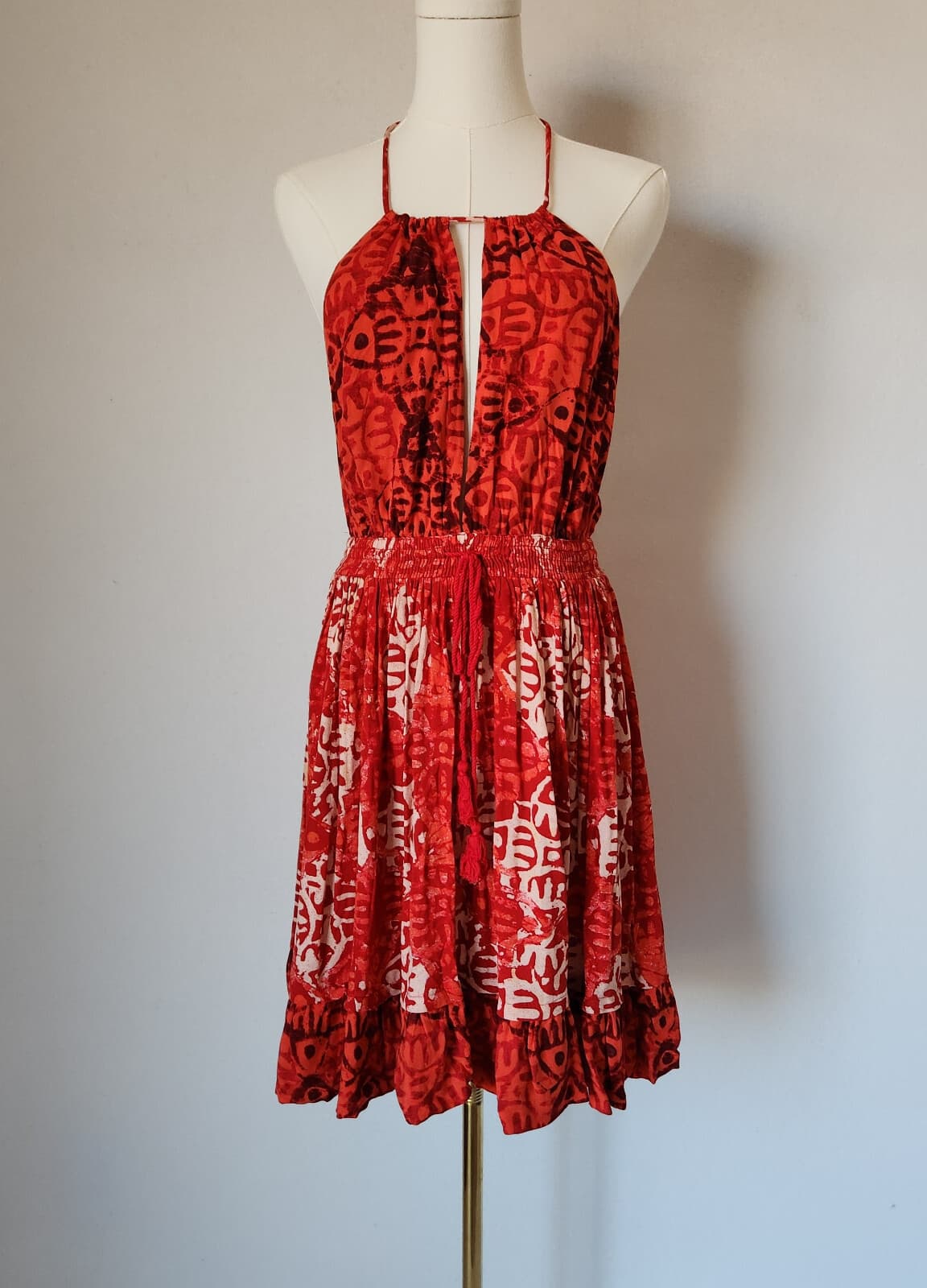 NWT Free People Beach Day Mini Dress Tie-Halter Pocket Elastic-Waist Red Sz.M