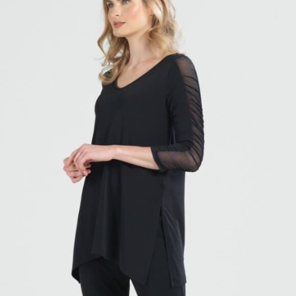 Clara Sun Woo Ruched Mesh Sleeve Detial Tunic Top Stretch Black Sz.M Made in USA