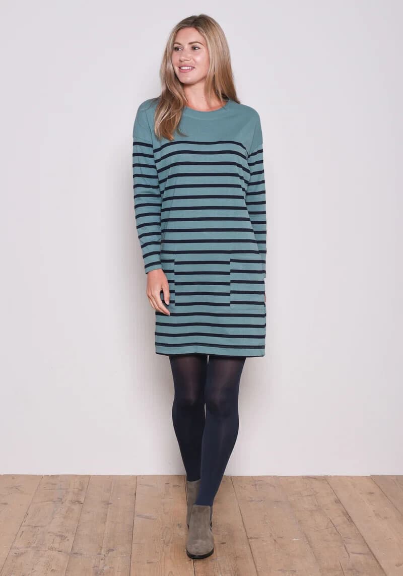 NWT BRAKEBURN Organic Cotton Tunic Stripe Dress Long Sleeve Blue Green Sz.20/48