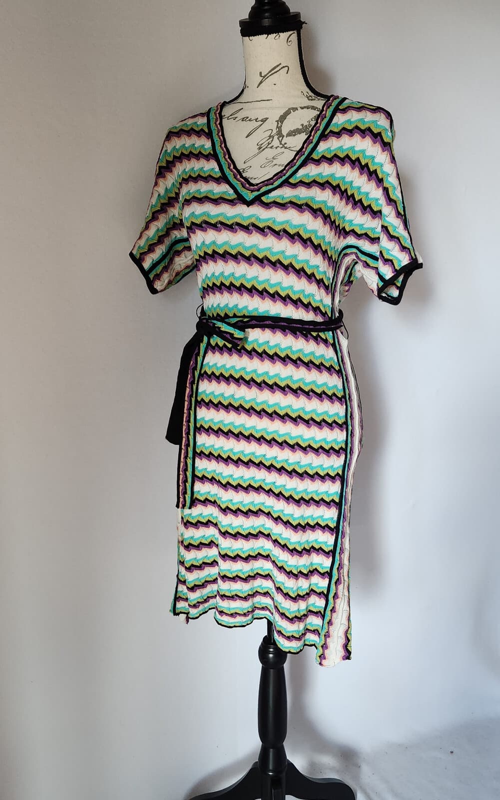 MISSONI FOULARD Chevron Stripe Knit Sheath Dress Tie-Waist Belt Multicolor Sz.6
