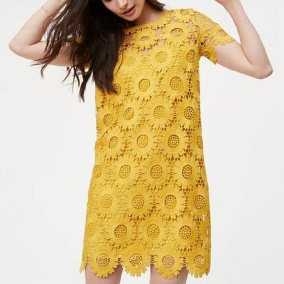 NWT LOFT Sunflower Lace Mini Dress Women Sz.4 Short Sleeve Lined Yellow