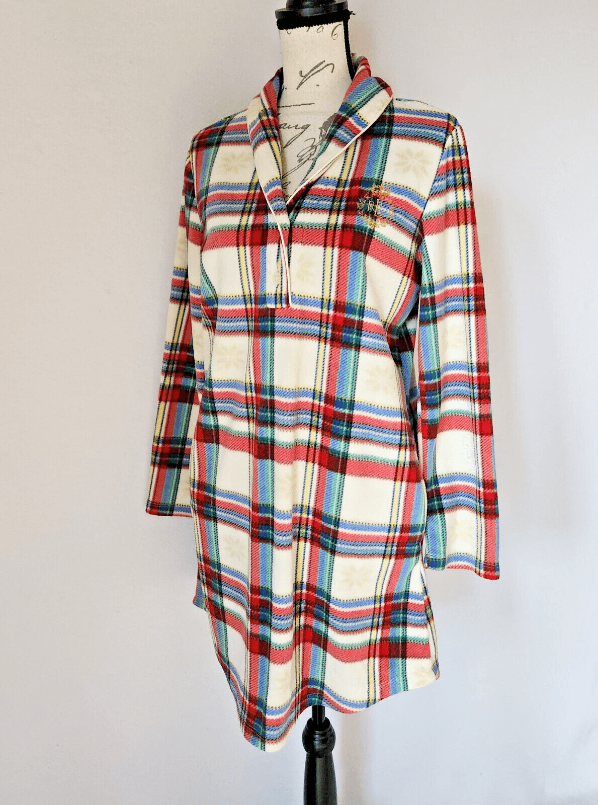 Lauren Ralph Lauren Embroidered Logo Plaid Fleece Nightgown Pocket Women's M