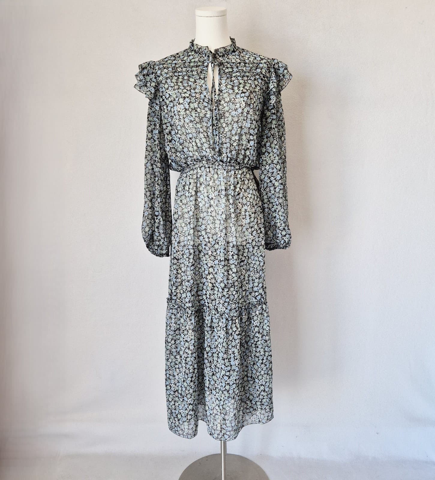 Maje Renaza Floral Sheer Chiffon Tiered Midi Dress Long Sleeve Metallic Women 40