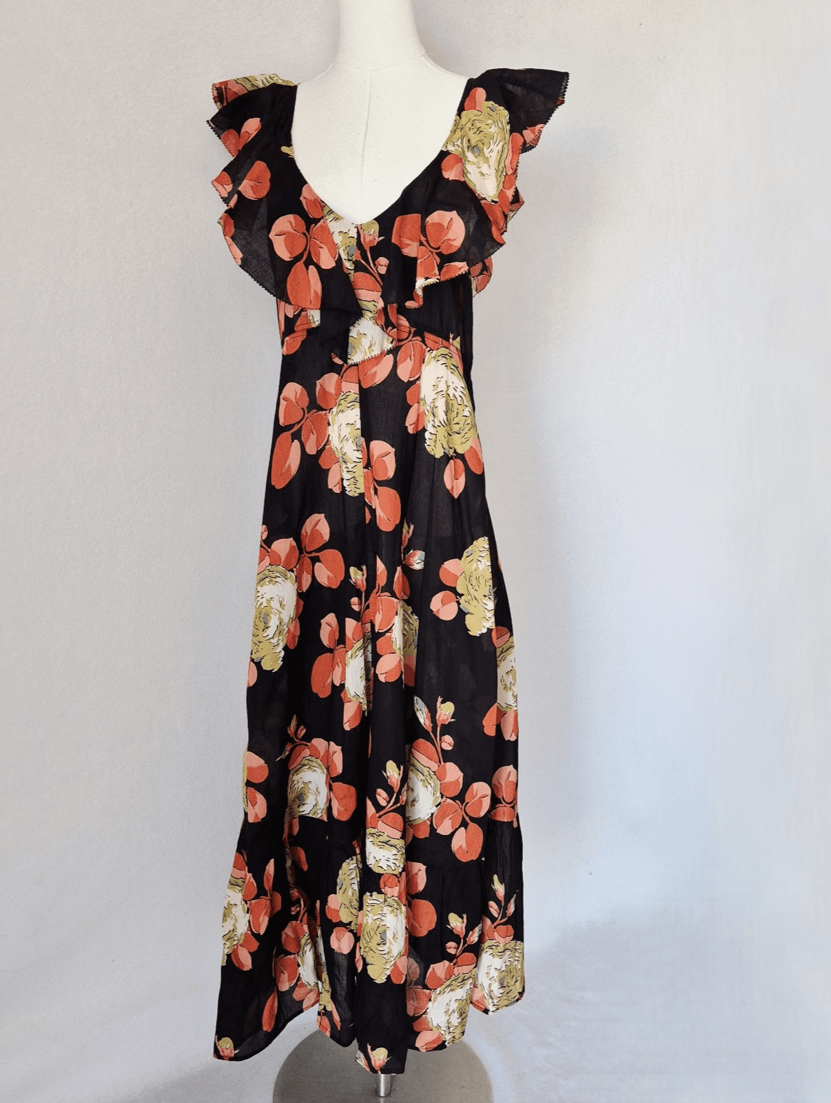 NWoT The GREAT. Geranium Midi Dress Romantic Ruffle V-Neck Cabbage Rose Sz.1 (S)